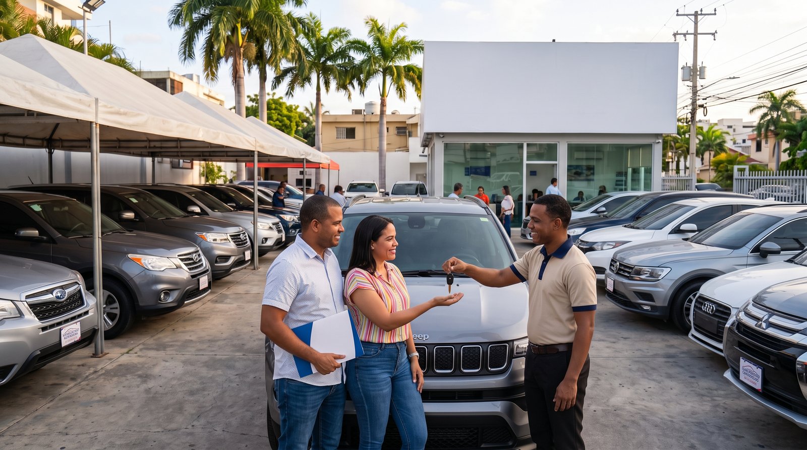 Happy couple finalizing car purchase with salesman in dealership showroom.